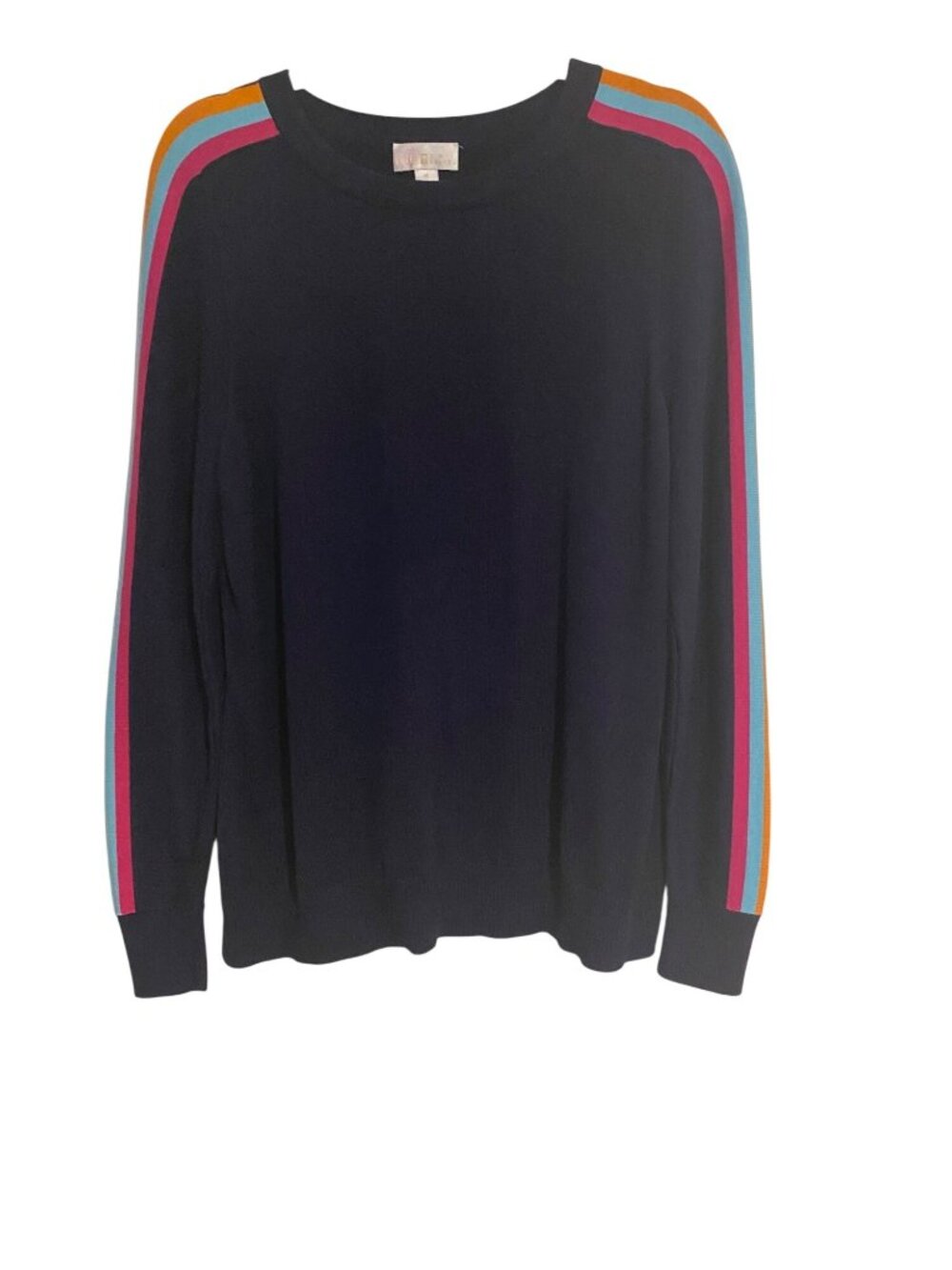 Belle Kim Gravel Women's M Navy Sweater Colorful Stripes On Sleeves Casual Comfy
